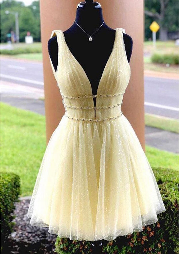 A-line V Neck Sleeveless Tulle Dress With Beading Glitter for Homecoming - 27Dress