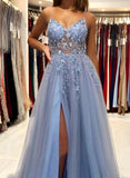 A-Line V-Neck Sleeveless Tulle Floor-Length Prom Dress With Beading-27dress