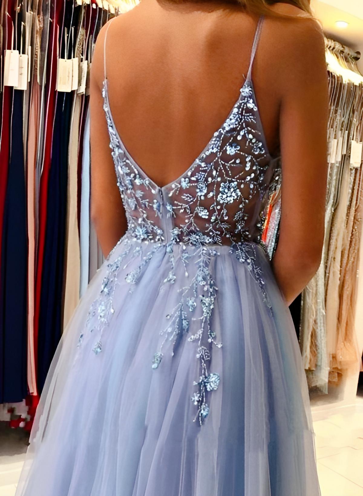 A-Line V-Neck Sleeveless Tulle Floor-Length Prom Dress With Beading-27dress