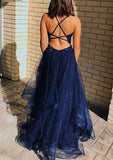 A-line V Neck Sleeveless Tulle Prom Dress With Appliqued Beading and Sweep Train-27dress