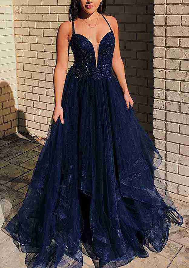 A-line V Neck Sleeveless Tulle Prom Dress With Appliqued Beading and Sweep Train-27dress