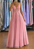 A-line V Neck Sleeveless Tulle Prom Dress with Appliqued Beading-27dress