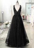 A-line V Neck Sleeveless Tulle Prom Dress with Beading Appliqued for Long/Floor-Length Look-27dress