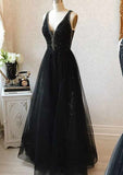 A-line V Neck Sleeveless Tulle Prom Dress with Beading Appliqued for Long/Floor-Length Look-27dress