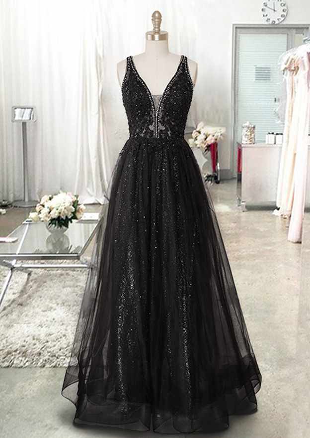 A-line V Neck Sleeveless Tulle Prom Dress with Beading Appliqued for Long/Floor-Length Look-27dress