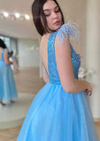 A-line V Neck Sleeveless Tulle Prom Dress With Sequins Feather-27dress