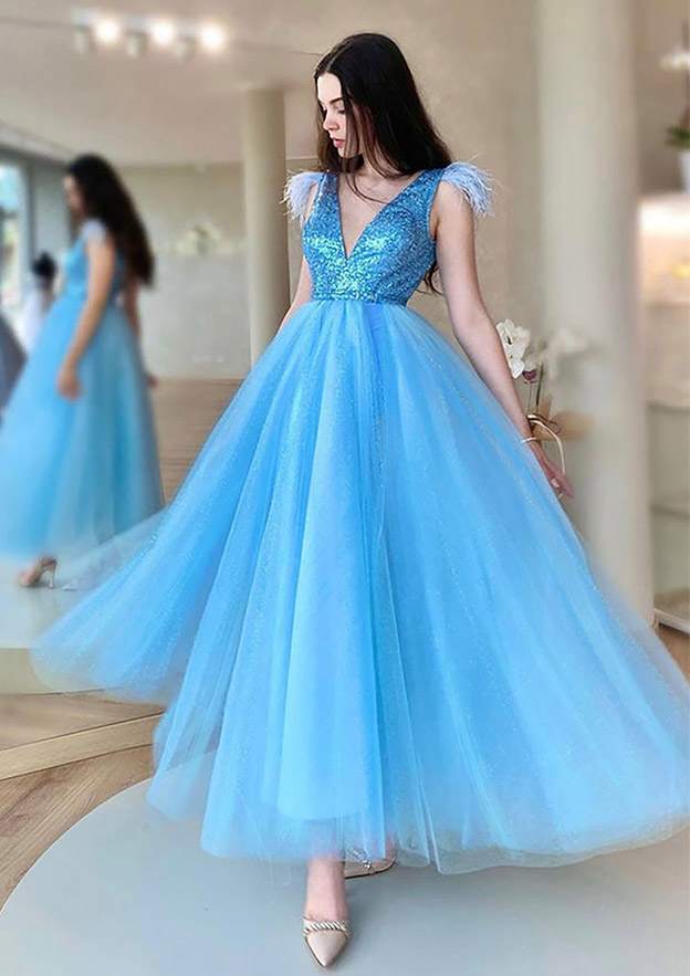 A-line V Neck Sleeveless Tulle Prom Dress With Sequins Feather-27dress