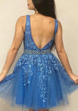 A-line V Neck Sleeveless Tulle Short Dress with Appliqued Beading Lace - 27Dress