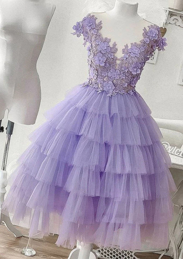 A-line V-Neck Sleeveless Tulle Short Homecoming Dress with Appliques - 27Dress