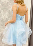 A-line V Neck Sleeveless Tulle Short/Mini Homecoming Dress With Beading & Pleats - 27Dress