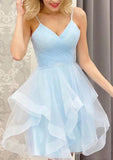 A-line V Neck Sleeveless Tulle Short/Mini Homecoming Dress With Beading & Pleats - 27Dress