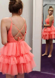 A-line V Neck Sleeveless Tulle Short/Mini Homecoming Dress With Pleated Ruffles-27dress