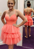 A-line V Neck Sleeveless Tulle Short/Mini Homecoming Dress With Pleated Ruffles-27dress