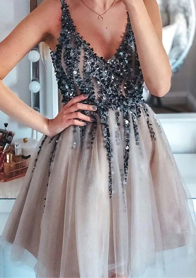 A-Line V Neck Sleeveless Tulle Short/Mini Homecoming Dress with Sequins Beading - 27Dress