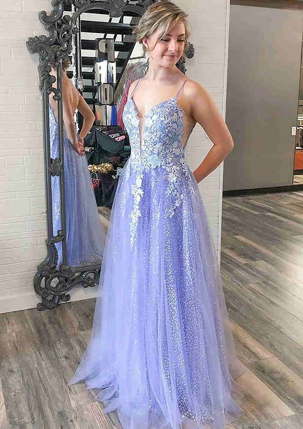 A-Line V-Neck Spaghetti Strap Glitter Tulle Prom Dress with Appliqued Pockets-27dress