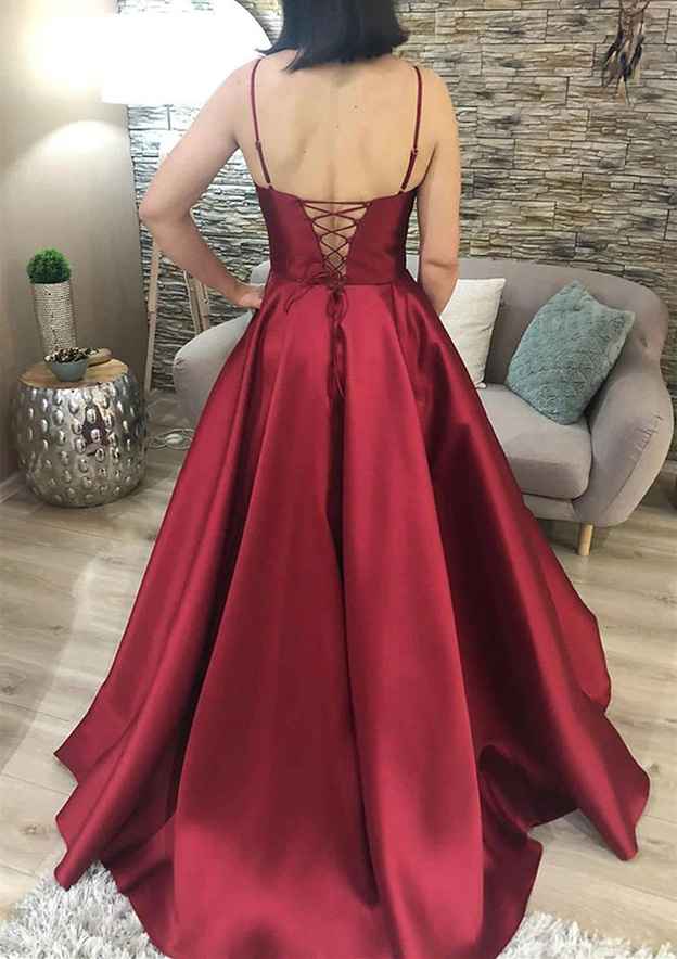 A-Line V-Neck Spaghetti Straps Charmeuse Prom Dress with Pockets-27dress