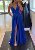 A-Line V Neck Spaghetti Straps Charmeuse Prom Dress with Split for a Floor-Length Look-27dress