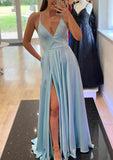 A-Line V Neck Spaghetti Straps Charmeuse Prom Dress with Split for a Floor-Length Look-27dress