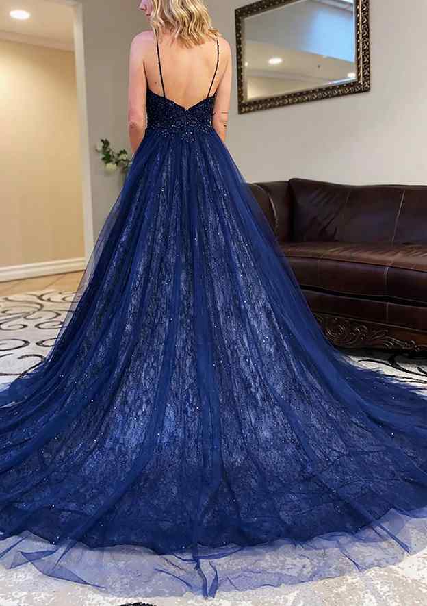 A-Line V-Neck Spaghetti Straps Court Train Lace Tulle Prom Dress with Beading Sequins-27dress