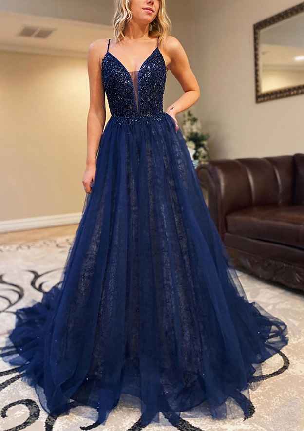 A-Line V-Neck Spaghetti Straps Court Train Lace Tulle Prom Dress with Beading Sequins-27dress