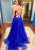 A-line V Neck Spaghetti Straps Court Train Tulle Prom Dress With Split-27dress