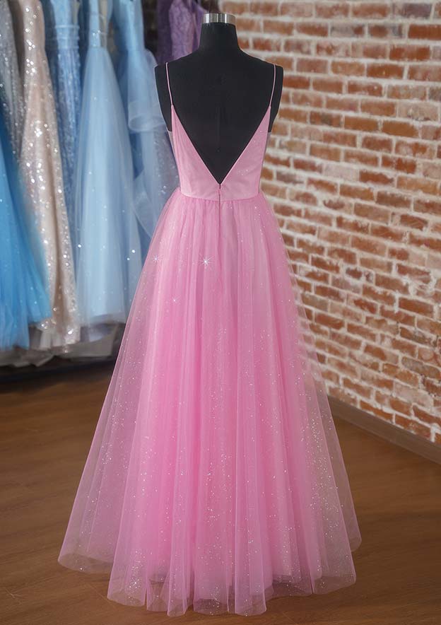 A-Line V-Neck Spaghetti Straps Glitter Prom Dress with Pockets - Floor-Length Tulle-27dress