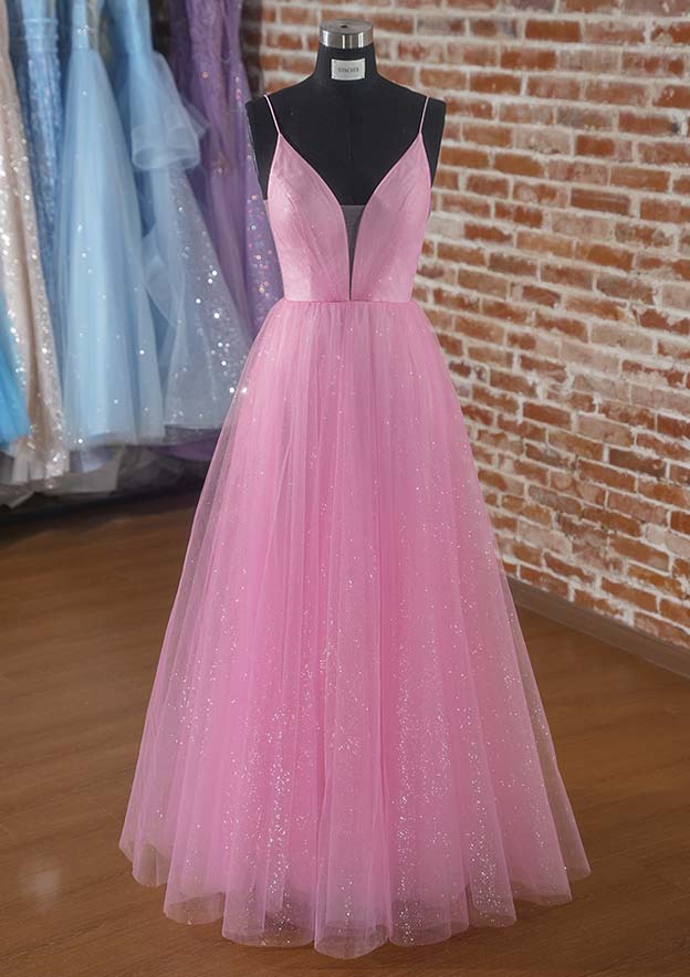 A-Line V-Neck Spaghetti Straps Glitter Prom Dress with Pockets - Floor-Length Tulle-27dress