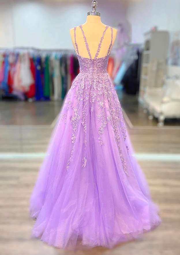 A-line V Neck Spaghetti Straps Long Lace Prom Dress With Beading-27dress