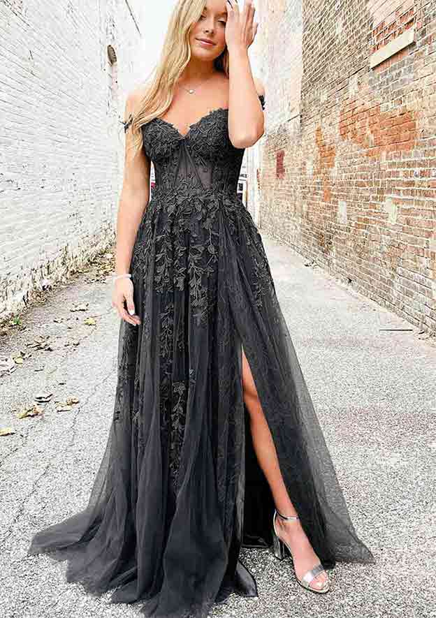 A-line V Neck Spaghetti Straps Long Lace Prom Dress With Split-27dress