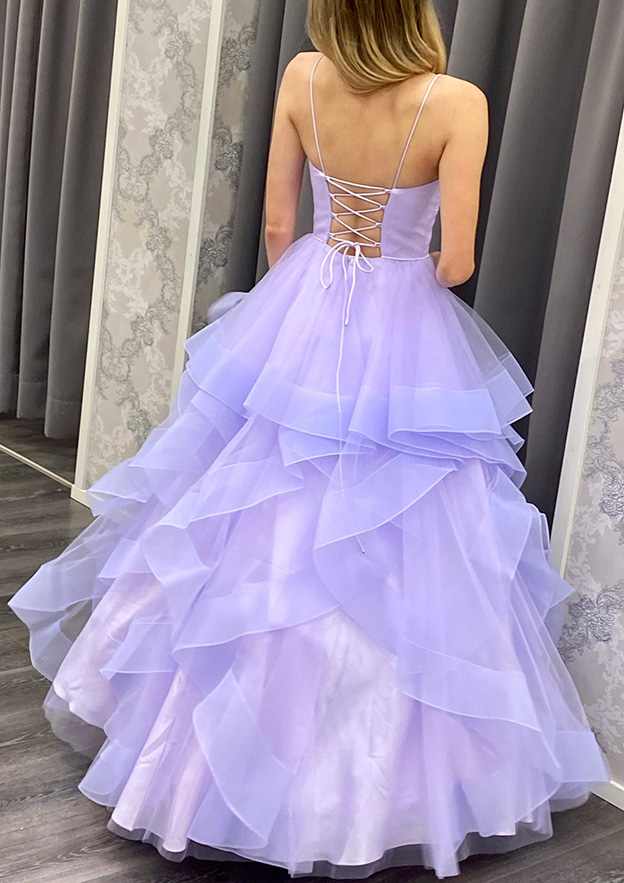 A-Line V-Neck Spaghetti Straps Long Prom Dress with Ruffles in Organza-27dress