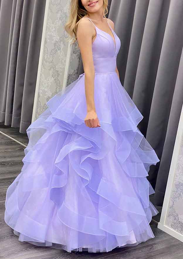 A-Line V-Neck Spaghetti Straps Long Prom Dress with Ruffles in Organza-27dress