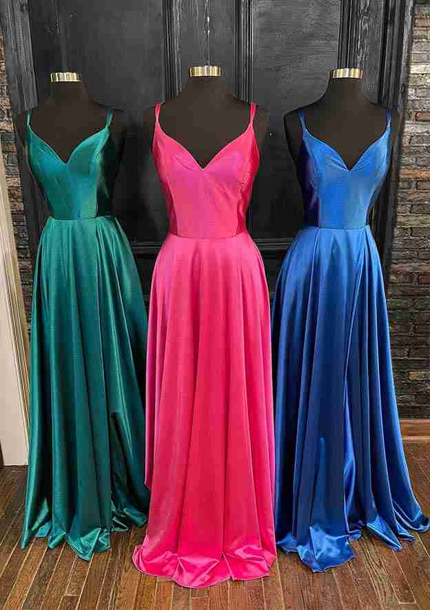 A-Line V Neck Spaghetti Straps Long Silk-Like Satin Prom Dress with Pockets-27dress