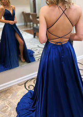 A-Line V-Neck Spaghetti Straps Long Split Front Prom Dresses with Pockets-27dress