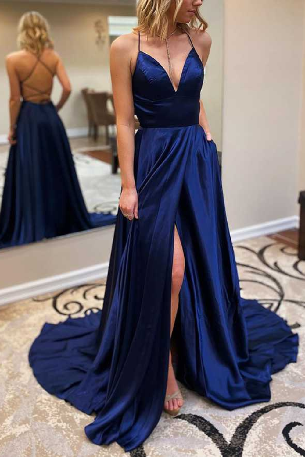 A-Line V-Neck Spaghetti Straps Long Split Front Prom Dresses with Pockets-27dress