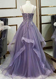 A-Line V-Neck Spaghetti Straps Long Tulle Prom Dress with Appliqued Sequins-27dress