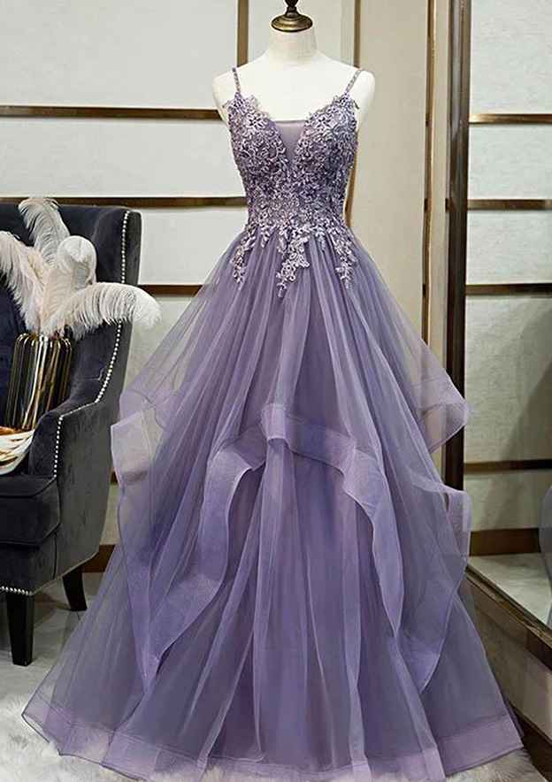 A-Line V-Neck Spaghetti Straps Long Tulle Prom Dress with Appliqued Sequins-27dress