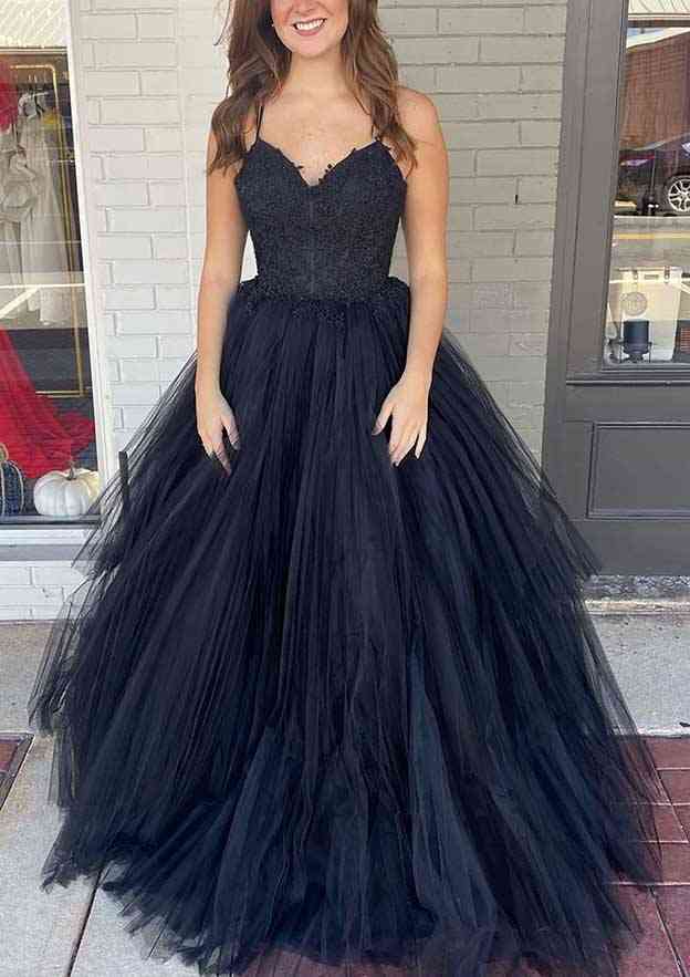 A-Line V-Neck Spaghetti Straps Long Tulle Prom Dress with Appliques-27dress