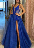 A-line V Neck Spaghetti Straps Long Tulle Prom Dress With Glitter Split Left-27dress