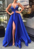 A-line V Neck Spaghetti Straps Long/Floor-Length Satin Prom Dress with Split Pockets and Beading-27dress