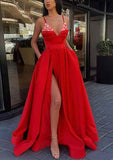 A-line V Neck Spaghetti Straps Long/Floor-Length Satin Prom Dress with Split Pockets and Beading-27dress