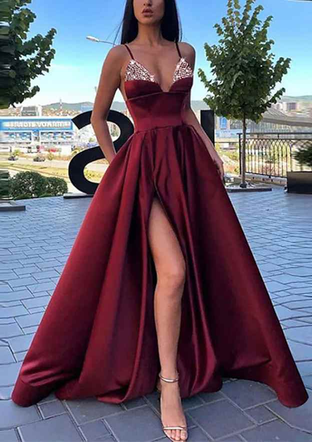 A-line V Neck Spaghetti Straps Long/Floor-Length Satin Prom Dress with Split Pockets and Beading-27dress