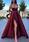 A-line V Neck Spaghetti Straps Long/Floor-Length Satin Prom Dress with Split Pockets and Beading-27dress