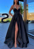 A-line V Neck Spaghetti Straps Long/Floor-Length Satin Prom Dress with Split Pockets and Beading-27dress