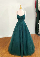 A-line V Neck Spaghetti Straps Long/Floor-Length Tulle Prom Dress with Glitter Applique-27dress