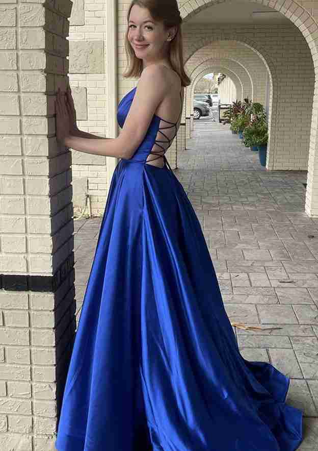 A-line V Neck Spaghetti Straps Prom Dress With Pockets - Charmeuse Sweep Train-27dress