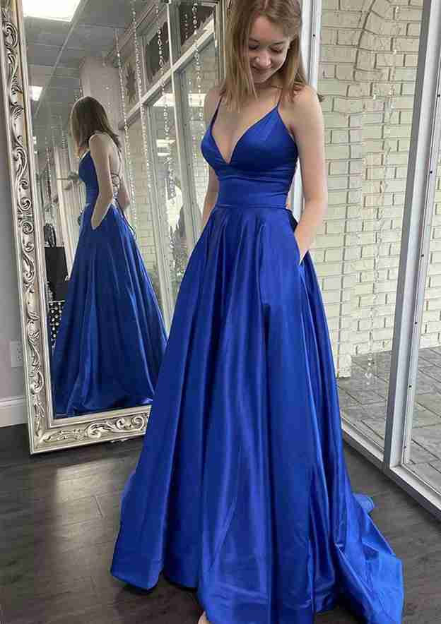 A-line V Neck Spaghetti Straps Prom Dress With Pockets - Charmeuse Sweep Train-27dress