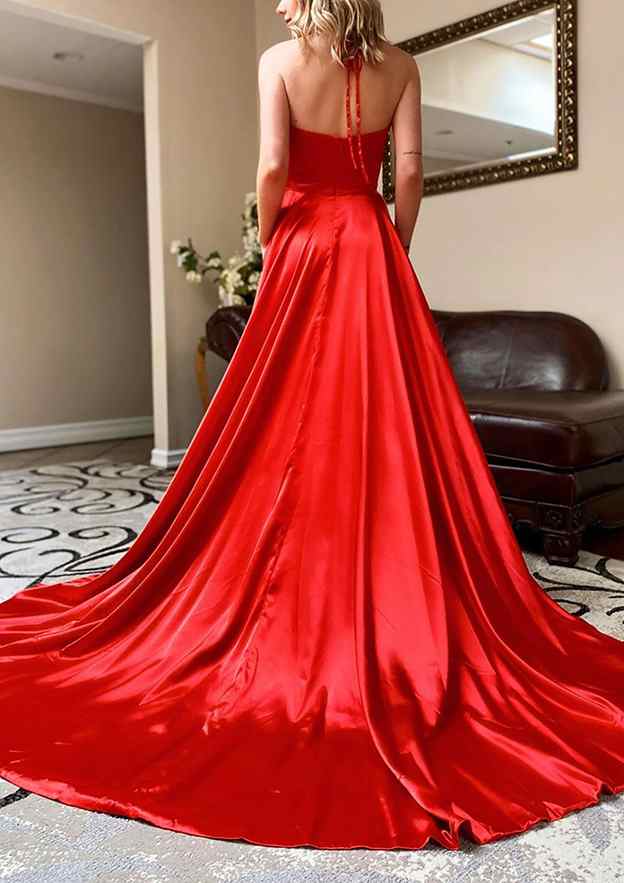 A-line V Neck Spaghetti Straps Prom Dress With Pockets Split - Charmeuse Sweep Train-27dress