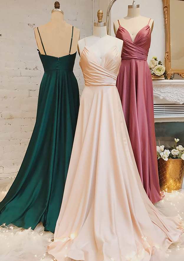 A-line V Neck Spaghetti Straps Satin Prom Dress with Pleated Sweep Train-27dress