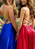 A-line V Neck Spaghetti Straps Sweep Train Charmeuse Prom Dress With Split-27dress