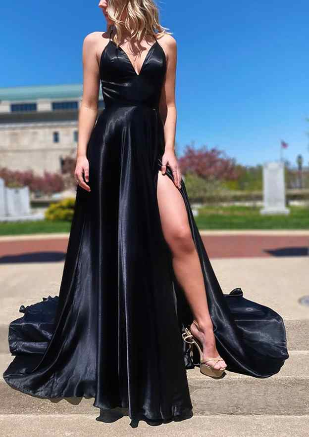 A-line V Neck Spaghetti Straps Sweep Train Charmeuse Prom Dress With Split-27dress